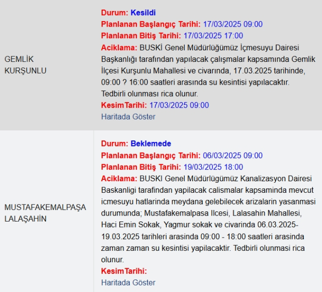 Bursa BUSKİ su kesintisi! 17-18 Mart Bursa'da su kesintisi ne zaman bitecek, sular ne zaman gelecek?