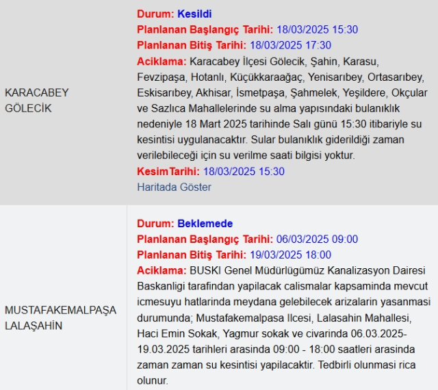 Bursa BUSKİ su kesintisi! 18-19 Mart Bursa'da su kesintisi ne zaman bitecek, sular ne zaman gelecek?