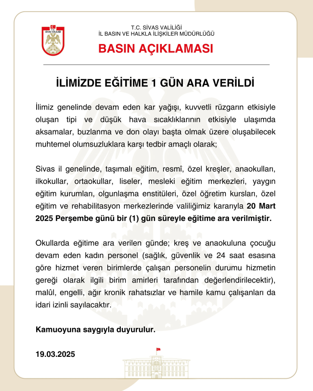 Sivas okullar tatil mi SON DAKİKA? 20 Mart Perşembe Sivas okul yok mu (Sivas Valiliği Açıklaması)!