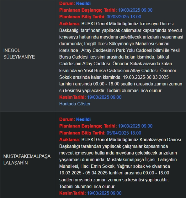 Bursa BUSKİ su kesintisi! 20-21 Mart Bursa'da su kesintisi ne zaman bitecek, sular ne zaman gelecek?