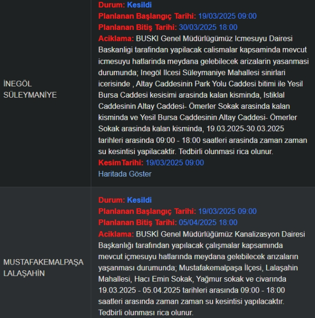 Bursa BUSKİ su kesintisi! 21-22 Mart Bursa'da su kesintisi ne zaman bitecek, sular ne zaman gelecek?