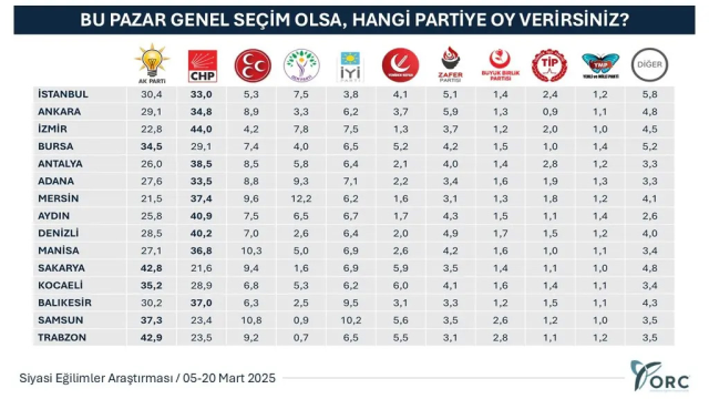 Which party is first in which city? Here are the results from the election survey conducted in 30 metropolitan cities