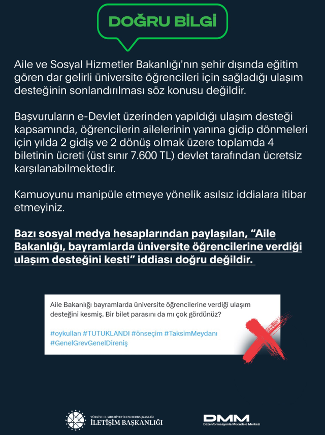 DMM, 'bayramlarda üniversite öğrencilerine verilen ulaşım desteği kesildi' iddialarını yalanladı