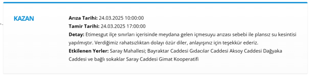 Ankara KAZAN su kesintisi! 24-25 Mart ASKİ Kazan su kesintisi ne zaman bitecek, sular ne zaman gelecek?