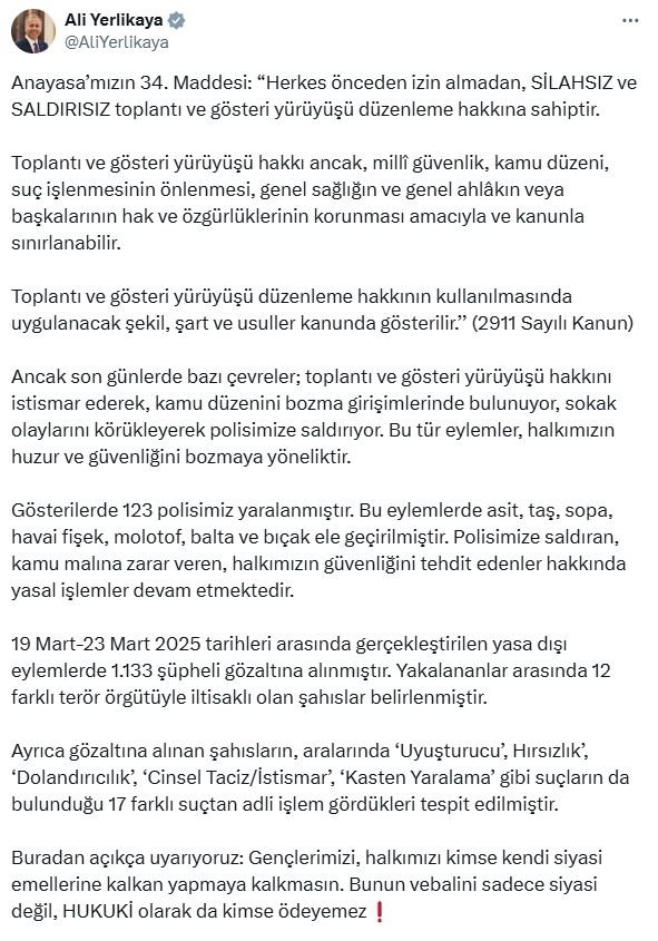 Bakan Yerlikaya rakam verdi! İşte yurt genelindeki İmamoğlu gösterilerinde toplam bilanço