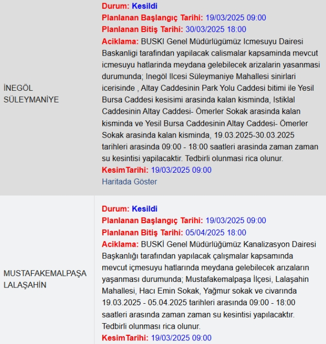 Bursa BUSKİ su kesintisi! 24-25 Mart Bursa'da su kesintisi ne zaman bitecek, sular ne zaman gelecek?