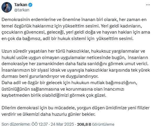 Tarkan's statement on 'İmamoğlu'