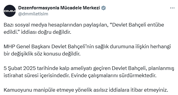 Denial of the claim that Bahçeli has been intubated from the Communications Directorate