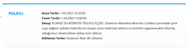 Ankara POLATLI su kesintisi! 1-2 Nisan ASKİ Polatlı su kesintisi ne zaman bitecek, sular ne zaman gelecek? Ankara POLATLI su kesintisi! 1-2 Nisan ASKİ Polatlı su kesintisi ne zaman bitecek, sular ne zaman gelecek?