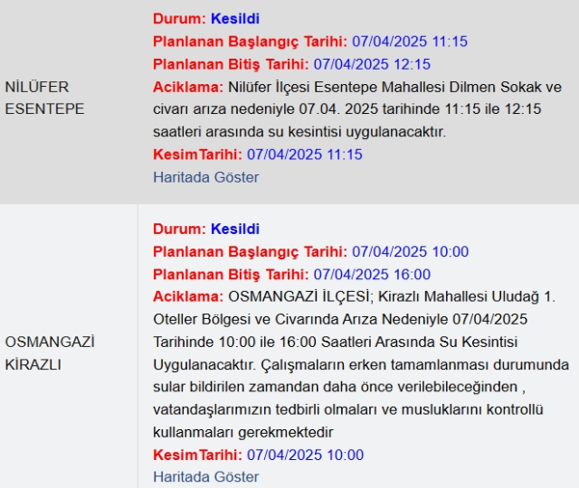 Bursa BUSKİ su kesintisi! 7-8 Nisan Bursa'da su kesintisi ne zaman bitecek, sular ne zaman gelecek?