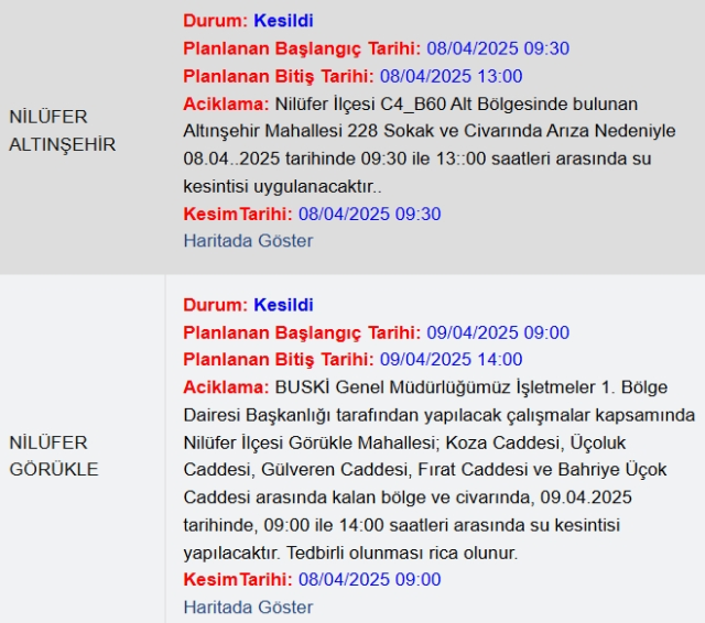 Bursa BUSKİ su kesintisi! 8-9 Nisan Bursa'da su kesintisi ne zaman bitecek, sular ne zaman gelecek?