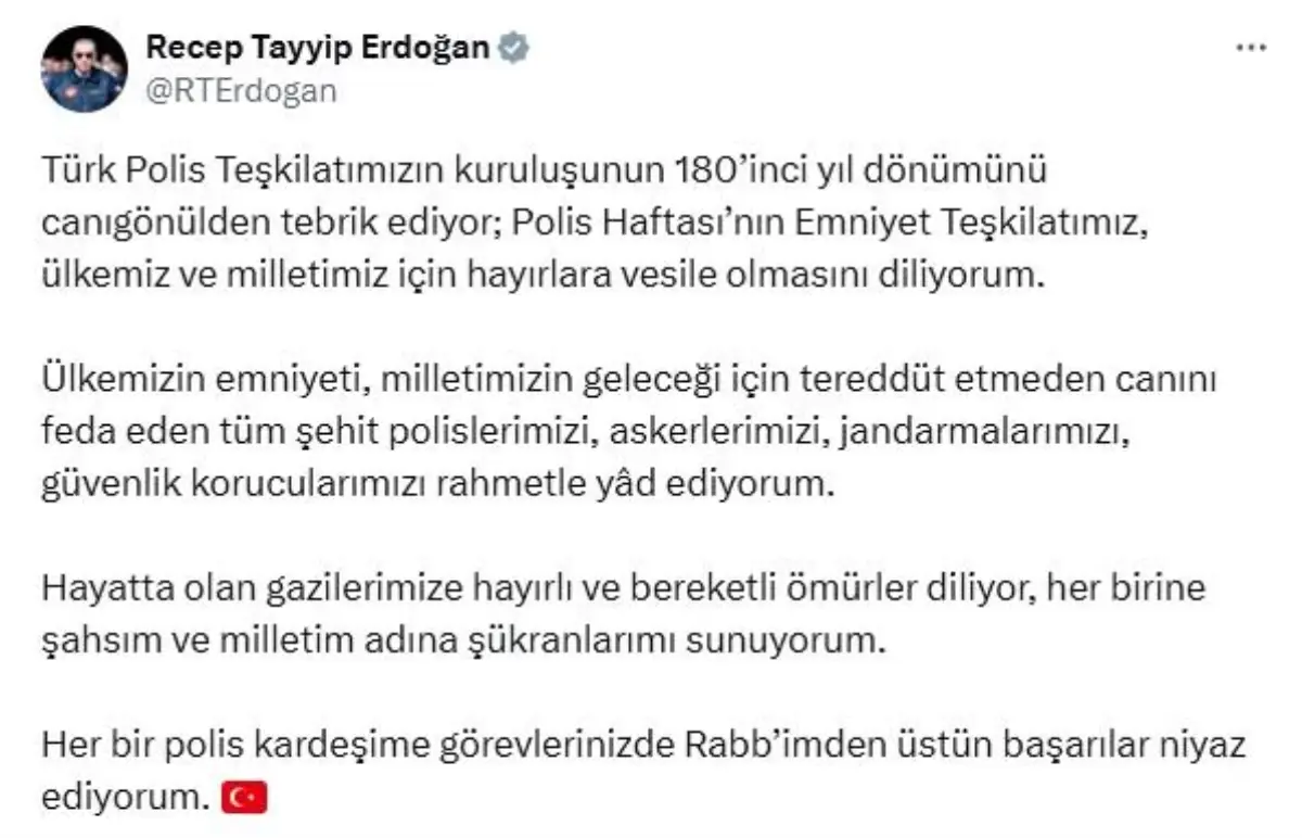 Cumhurbaşkanı Erdoğan, Polis Teşkilatı'nın 180'inci yılını kutladı