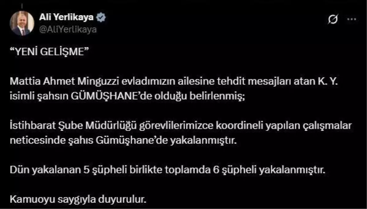 Tehdit Gönderen Şahıs Gümüşhane'de Yakalandı