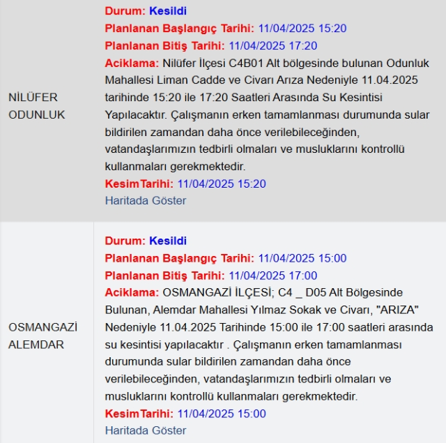 Bursa BUSKİ su kesintisi! 11 Nisan Bursa'da su kesintisi ne zaman bitecek, sular ne zaman gelecek?