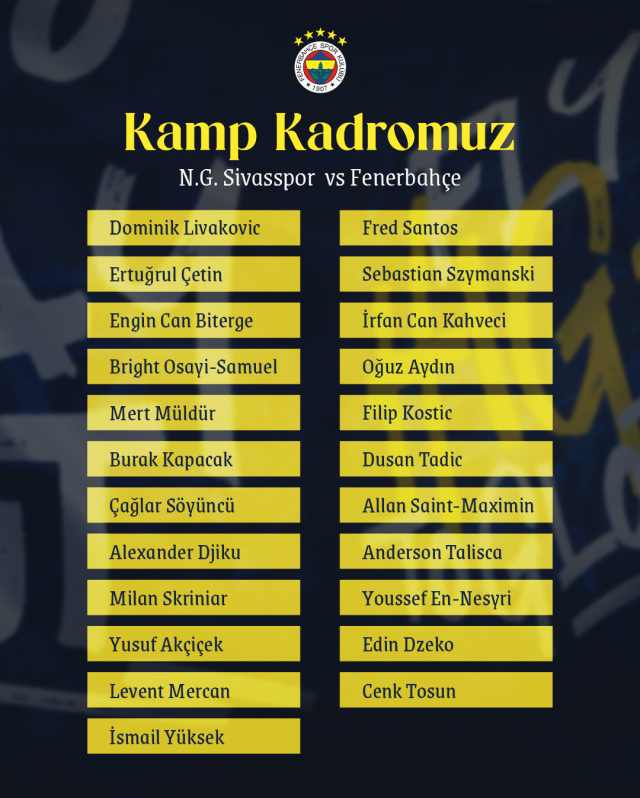 4 eksik var! Fenerbahçe'nin Sivas kafilesi belli oldu 4 eksik var! Fenerbahçe'nin Sivas kafilesi belli oldu