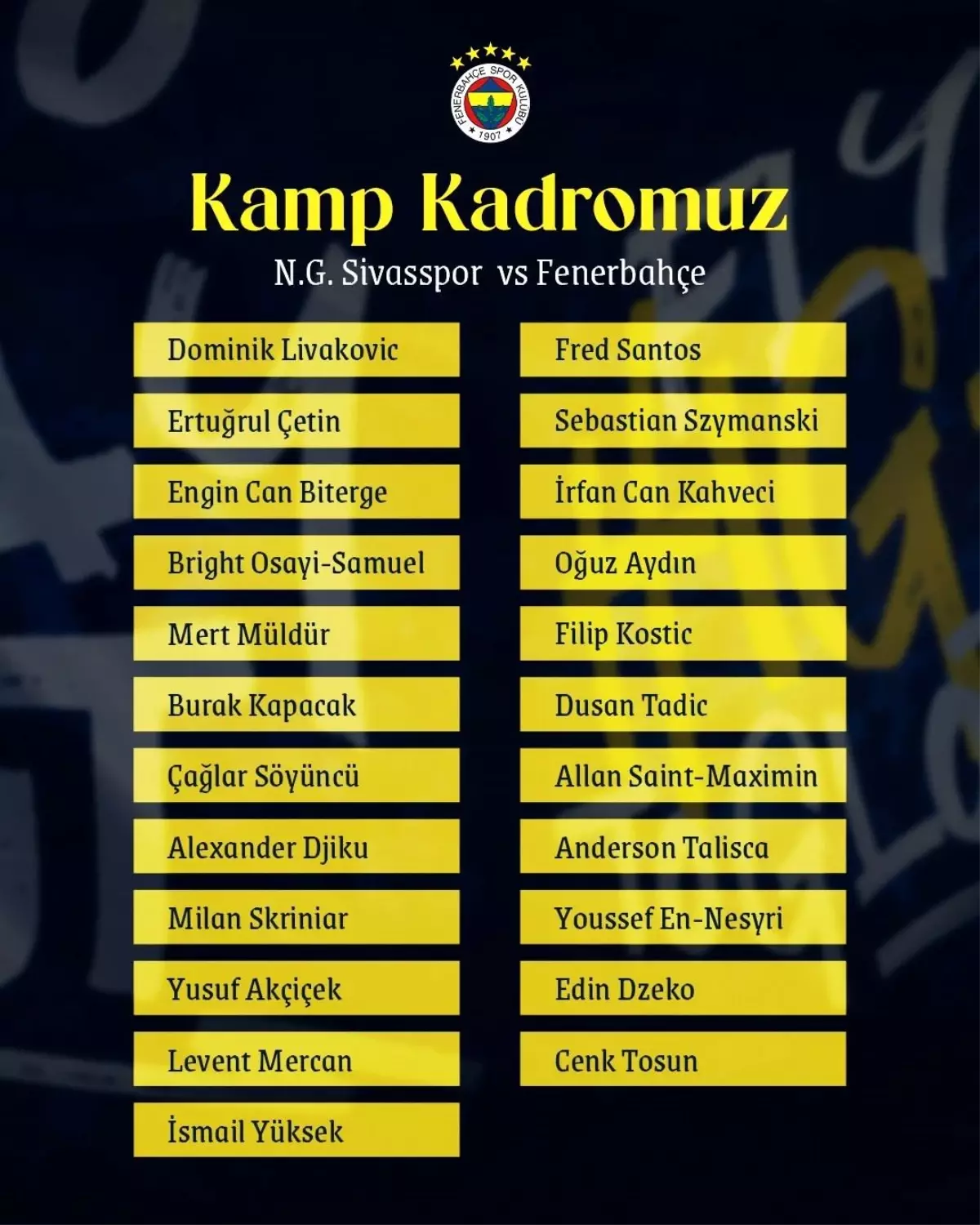 Fenerbahçe'nin Sivasspor Maçı İçin Kamp Kadrosu Açıklandı