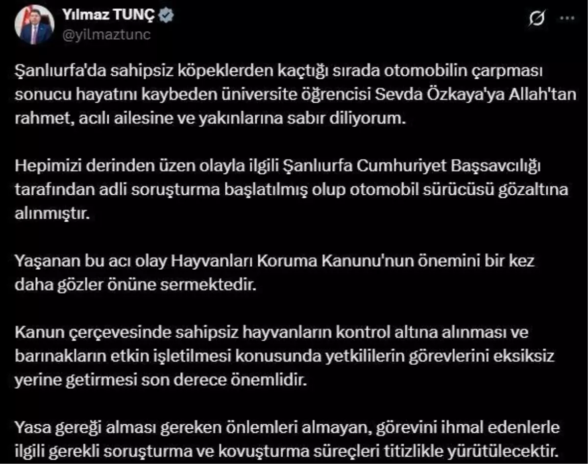 Adalet Bakanı, Sahipsiz Köpeklerden Kaçarken Hayatını Kaybeden Öğrenci İçin Başsağlığı Diledi