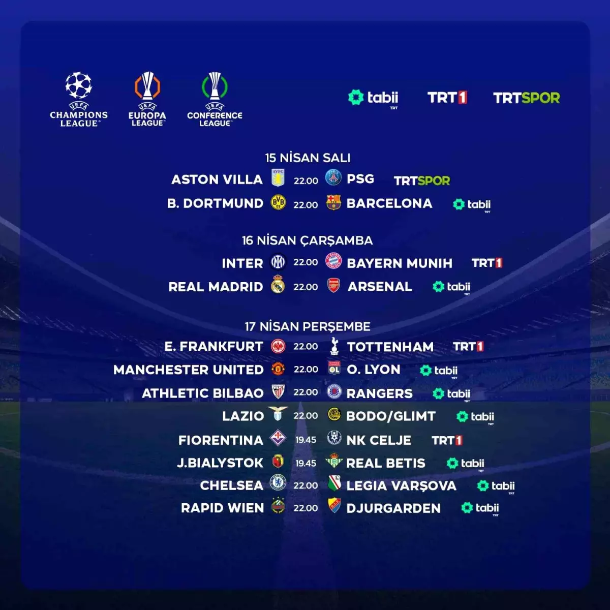 UEFA Çeyrek Final Maçları TRT'de Canlı Yayınlanacak