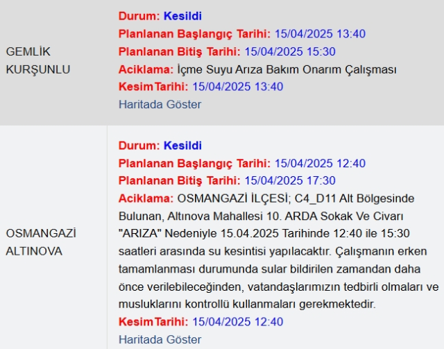 Bursa BUSKİ su kesintisi! 15-16 Nisan Bursa'da su kesintisi ne zaman bitecek, sular ne zaman gelecek?