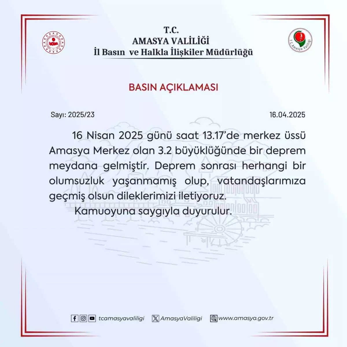 Amasya'da 3.2 Büyüklüğünde Deprem Meydana Geldi
