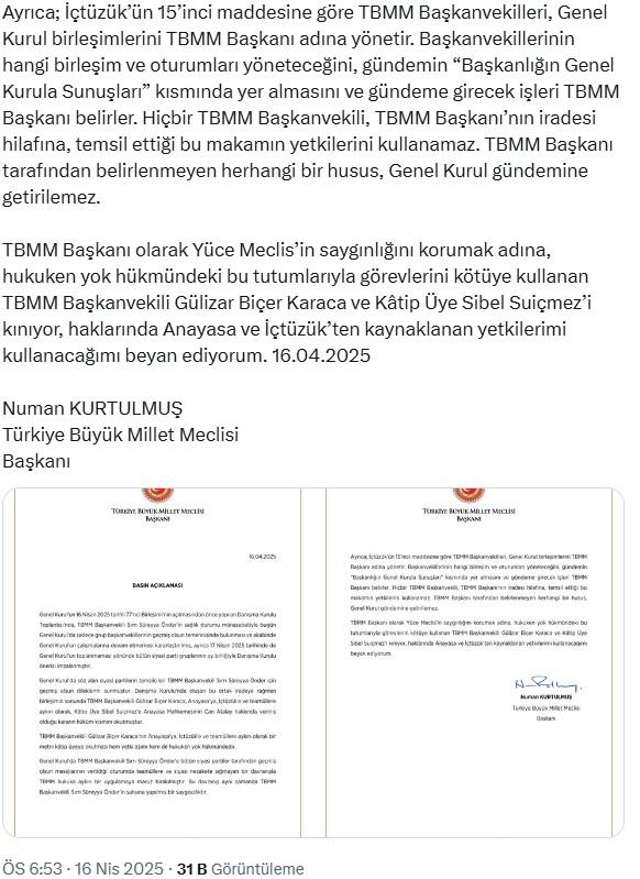 TBMM President Kurtulmuş's statement on 'Karaca': I will use my powers derived from the internal regulations