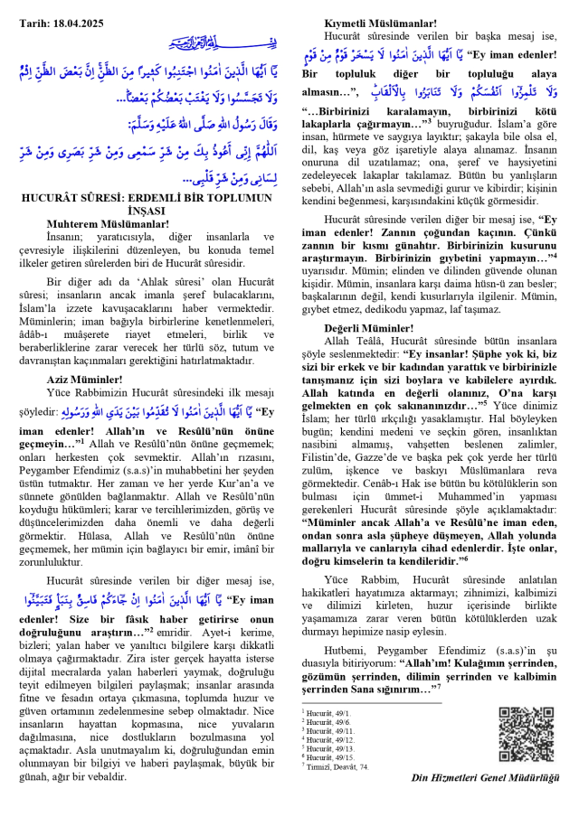 18 Nisan Cuma Hutbesi yayınlandı! 18 Nisan Cuma Hutbesi tam metni!