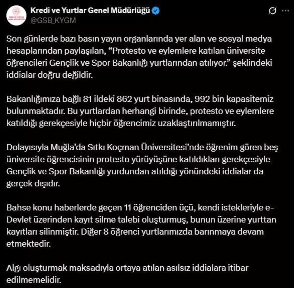 KYK'dan Yurt Atma İddialarına Yanıt