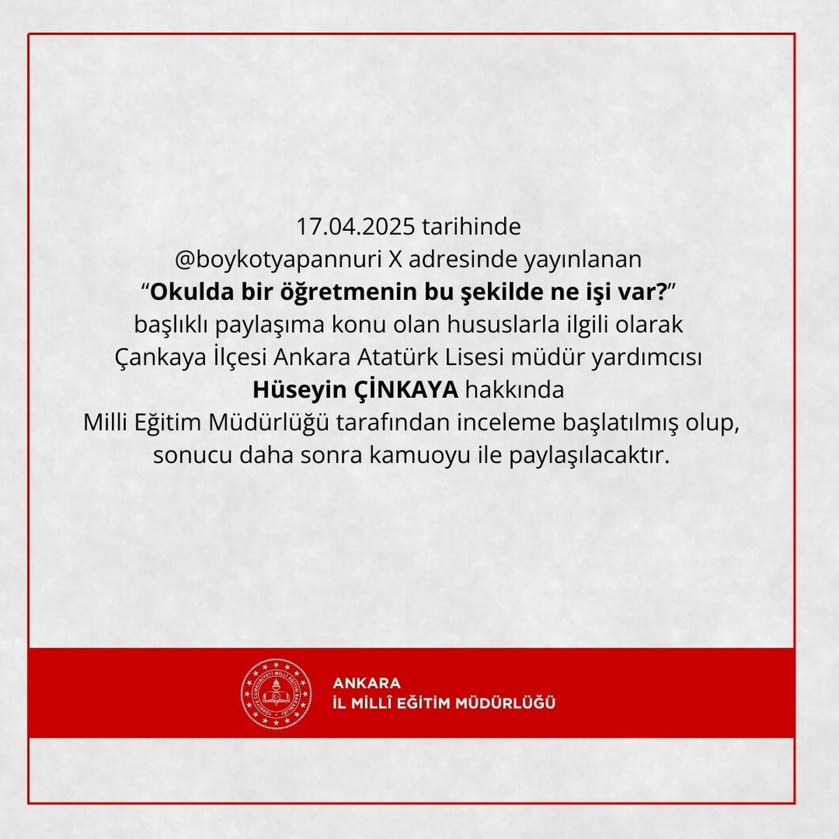 Ankara'da Okul Müdür Yardımcısına İnceleme Başlatıldı