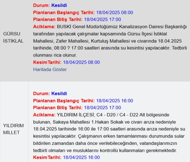 Bursa BUSKİ su kesintisi! 18-19 Nisan Bursa'da su kesintisi ne zaman bitecek, sular ne zaman gelecek?