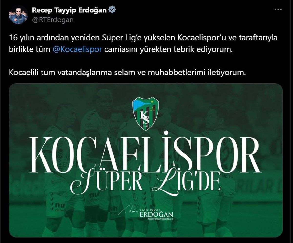 Cumhurbaşkanı Erdoğan'dan Kocaelispor'a tebrik