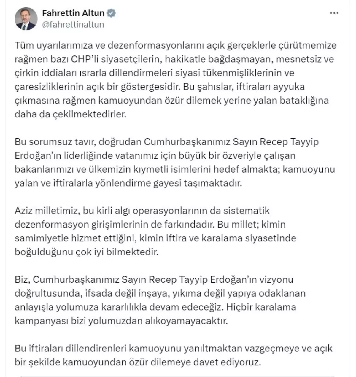 İletişim Başkanı Altun: CHP'li siyasetçilerin çirkin iddiaları siyasi tükenmişliklerinin göstergesidir