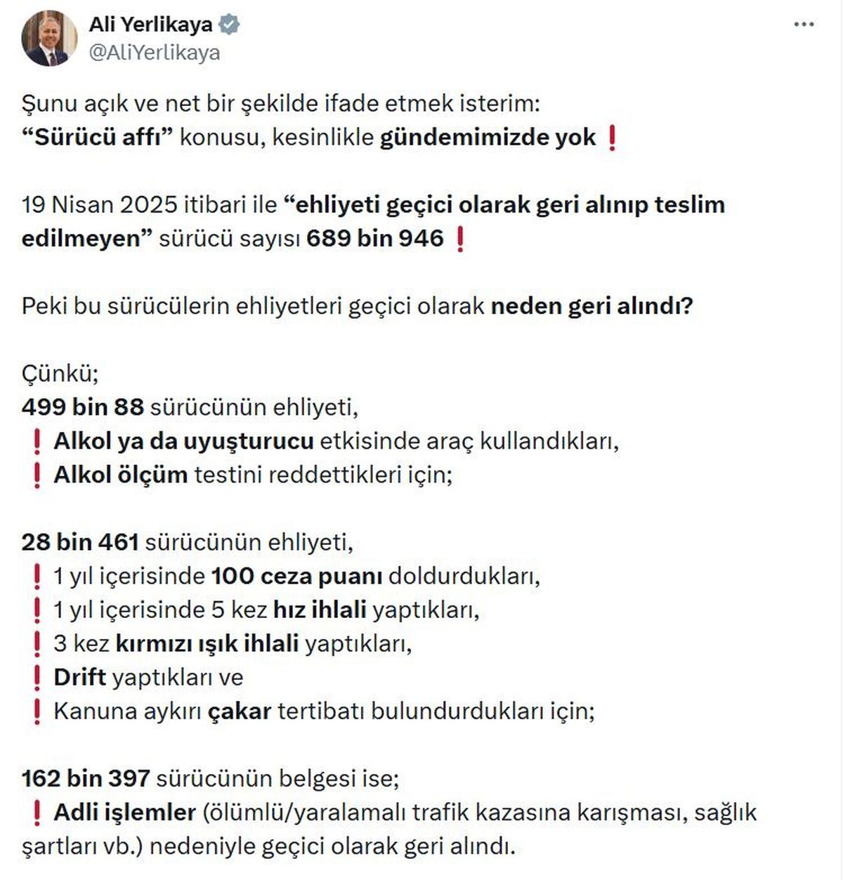 Ehliyeti Geçici Olarak Geri Alınan Sürücü Sayısı 689 Bin 946