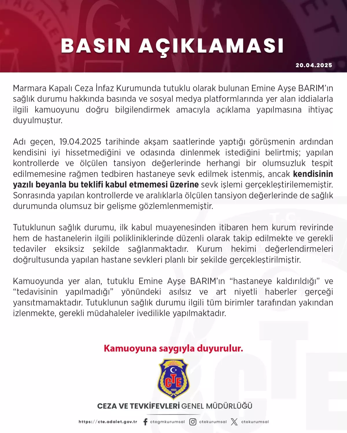 Cezaevi Yetkililerinden Ayşe Barım'ın Sağlık Durumu Açıklaması