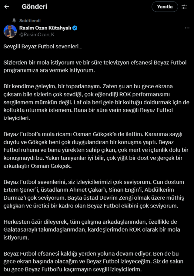 Rasim Ozan Kütahyalı Beyaz Futbol'da neden yok, ayrıldı mı?