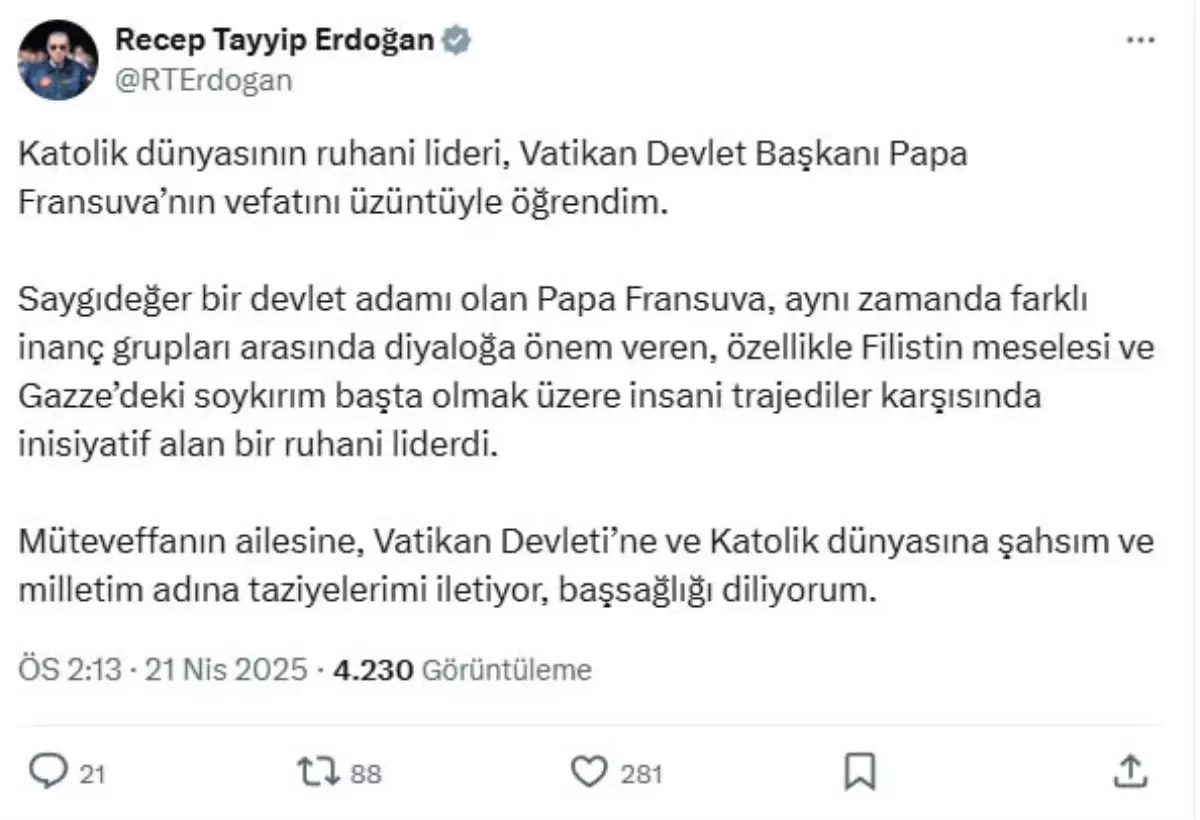 Cumhurbaşkanı Erdoğan'dan Papa Fransuva için taziye mesajı