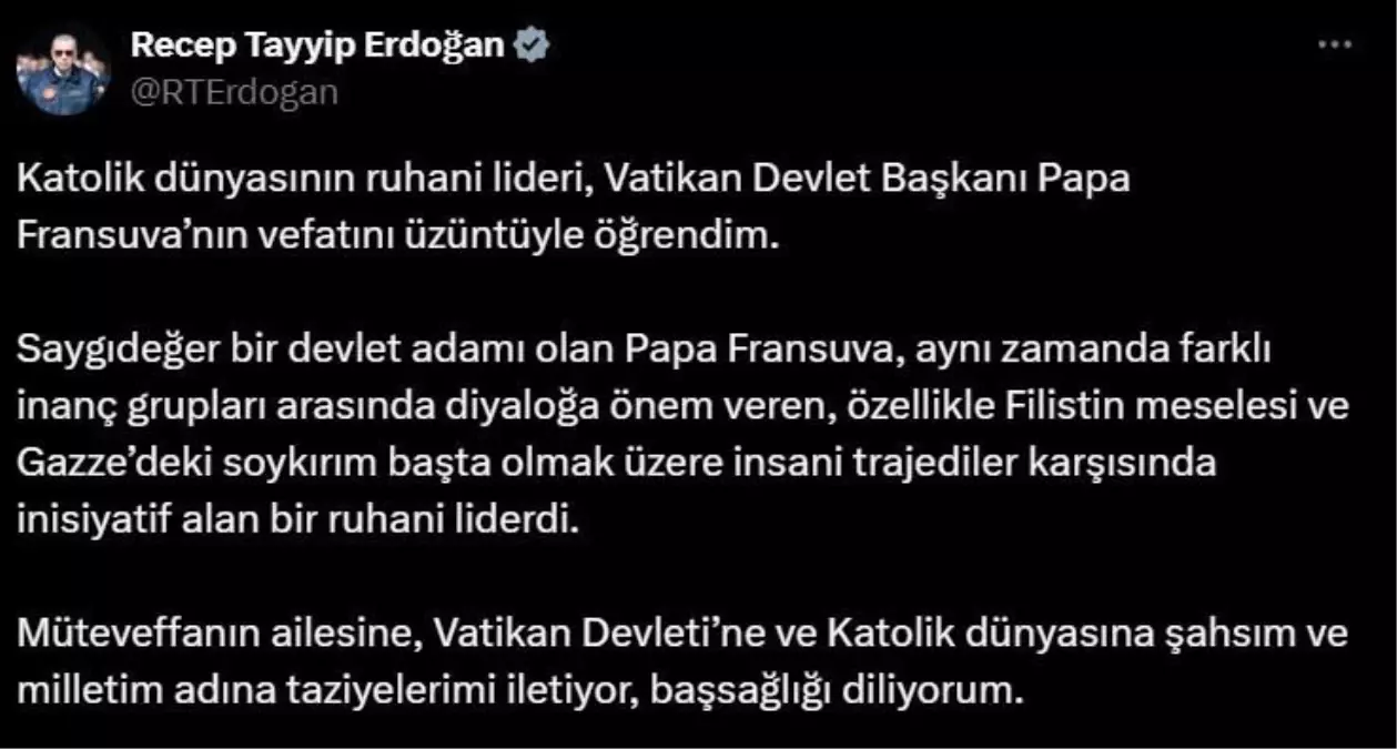 Cumhurbaşkanı Erdoğan'dan Papa için taziye mesajı