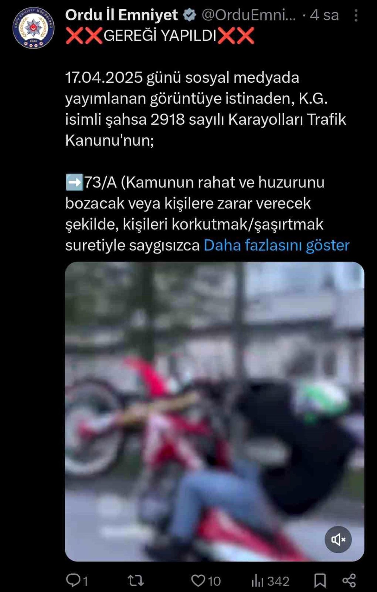 Ordu'da Tek Teker Motosiklet Kullanan Sürücüye Cezai İşlem