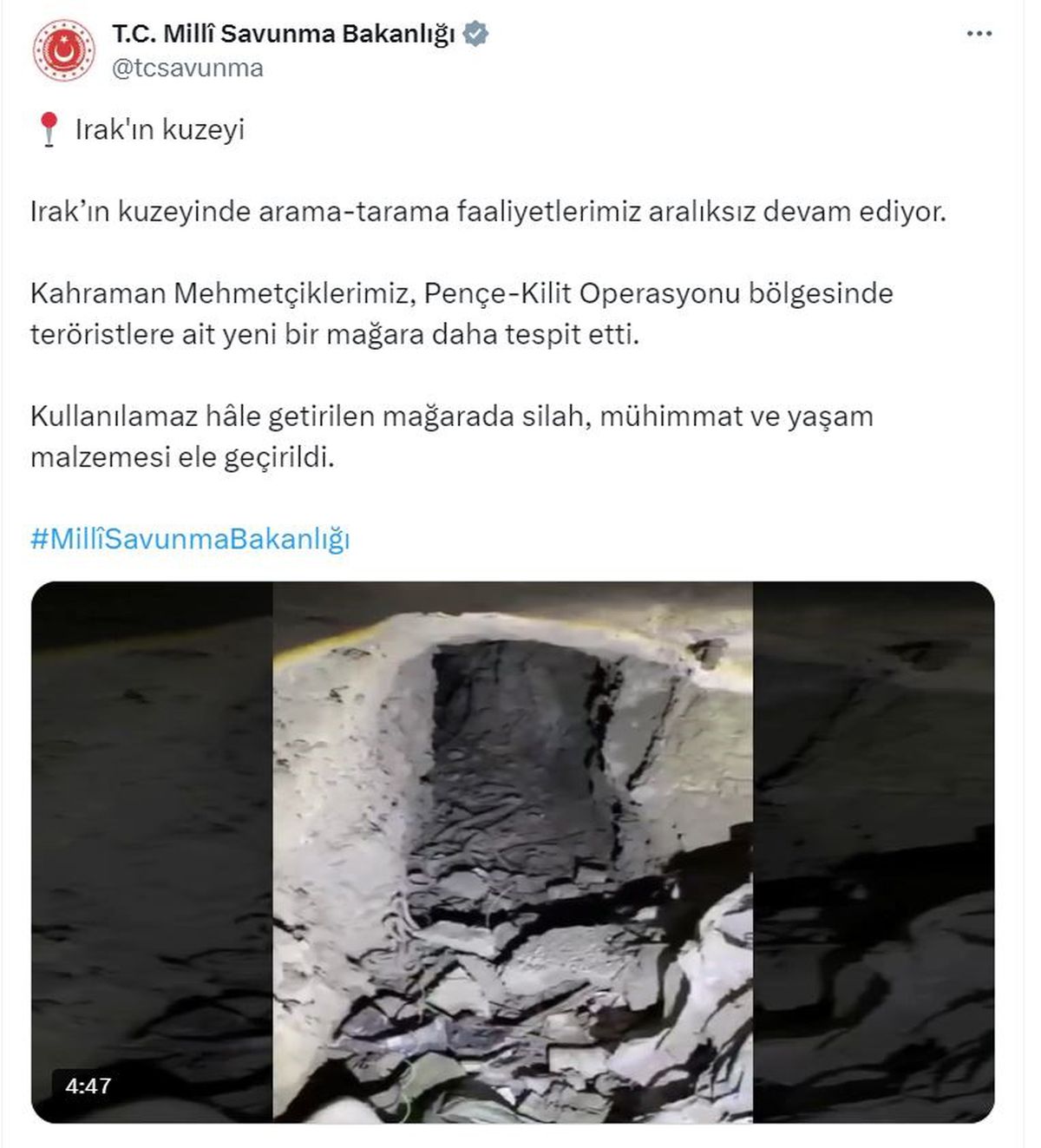 Pençe-Kilit Operasyonu'nda Mağarada Silah ve Mühimmat Ele Geçirildi