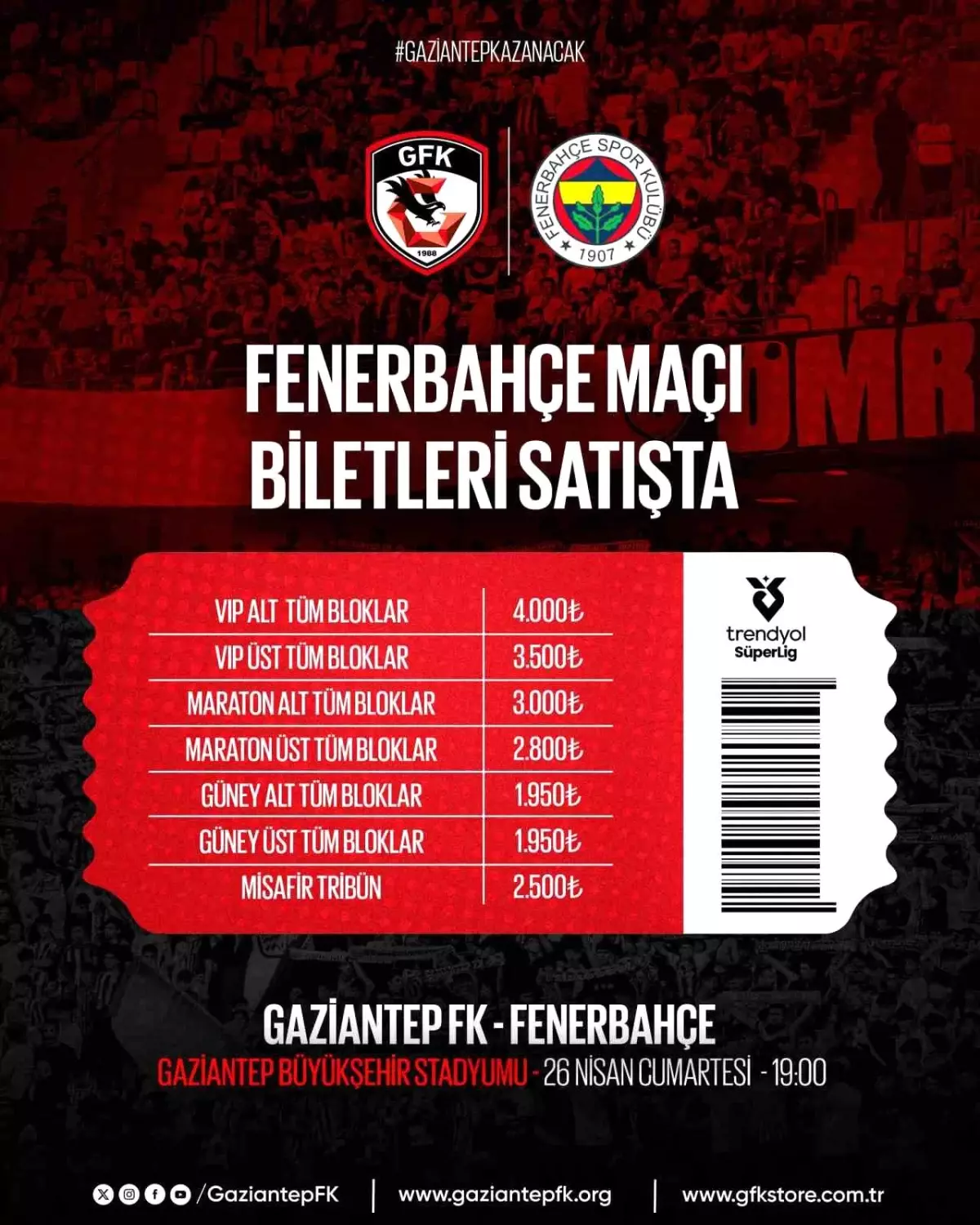 Gaziantep FK - Fenerbahçe Maçının Biletleri Satışa Çıktı