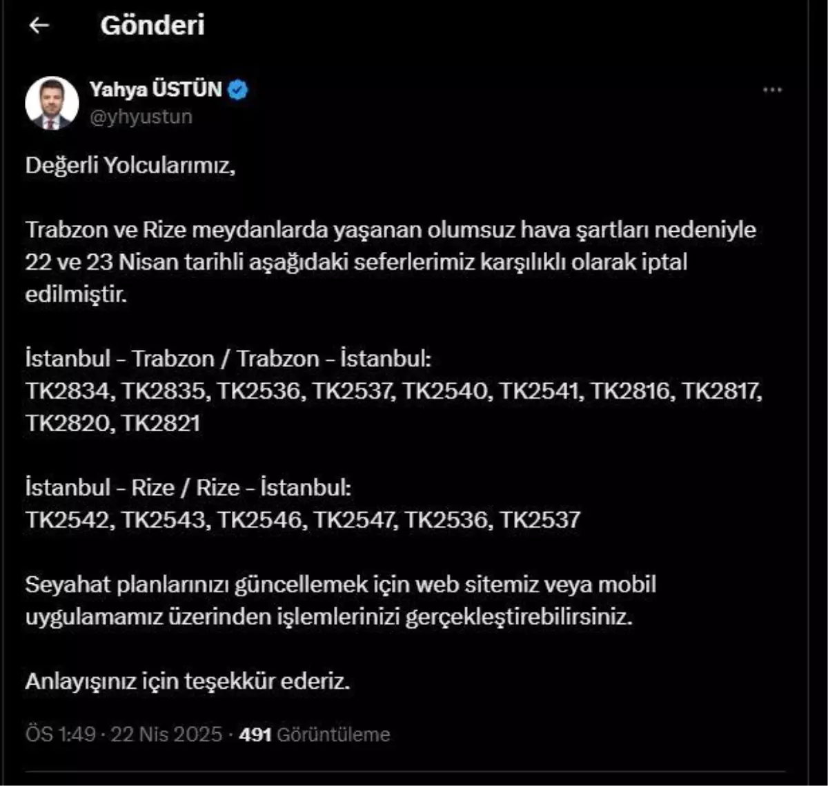 Türk Hava Yolları Trabzon ve Rize Seferlerini İptal Etti