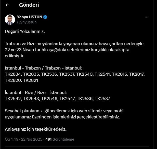 Trabzon ve Rize seferleri iptal edildi! THY Trabzon ve Rize seferleri neden iptal edildi, hangi seferler iptal oldu? Trabzon ve Rize seferleri iptal edildi! THY Trabzon ve Rize seferleri neden iptal edildi, hangi seferler iptal oldu?