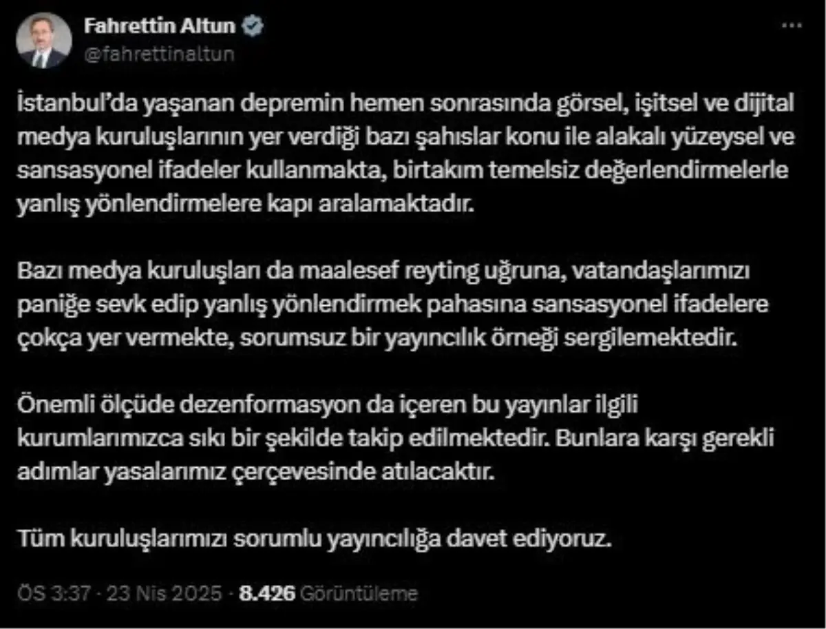 İletişim Başkanı Altun'dan Medya Eleştirisi: Reyting İçin Yanlış Yönlendirme