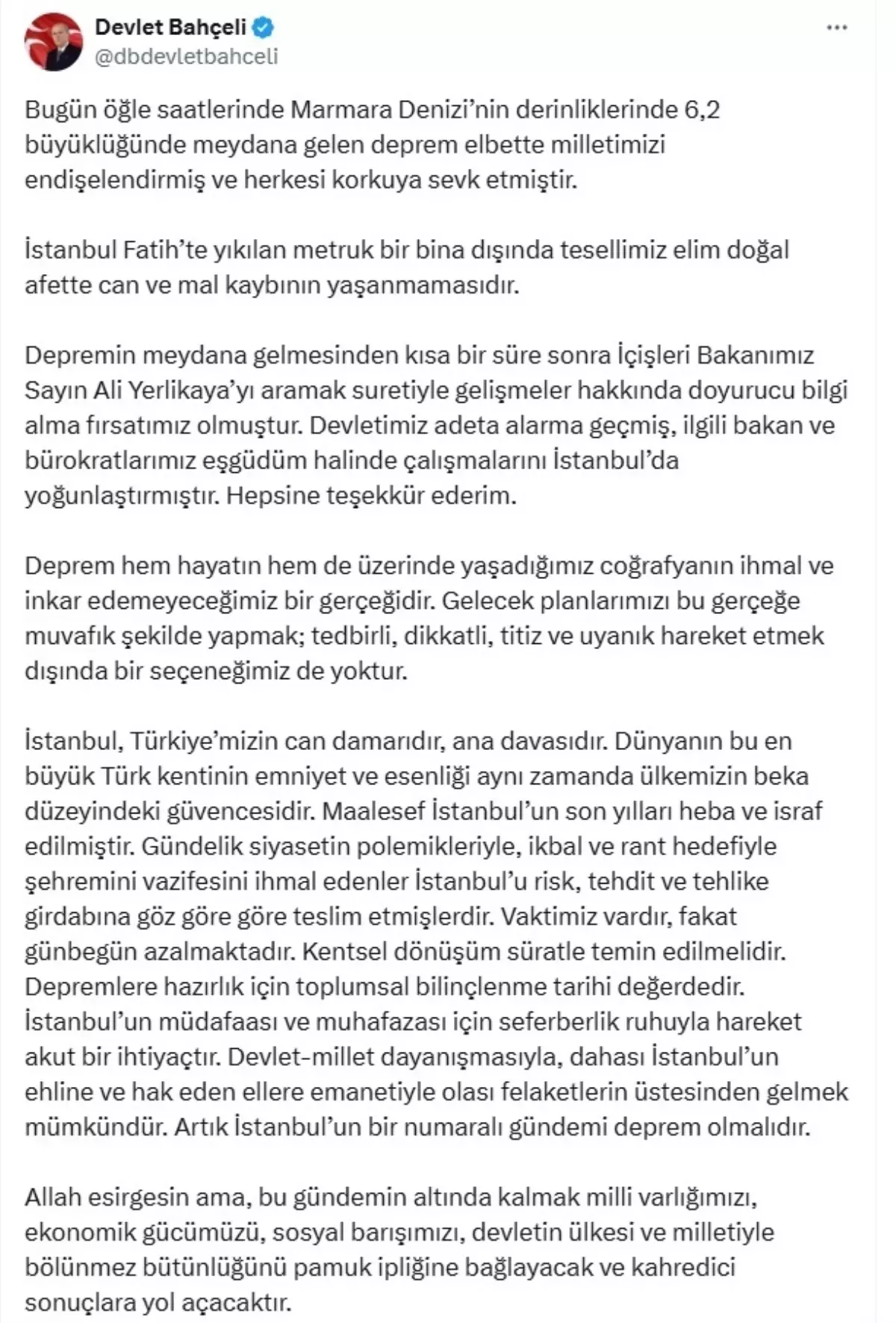 Bahçeli: İstanbul'un Bir Numara Gündemi Deprem Olmalıdır