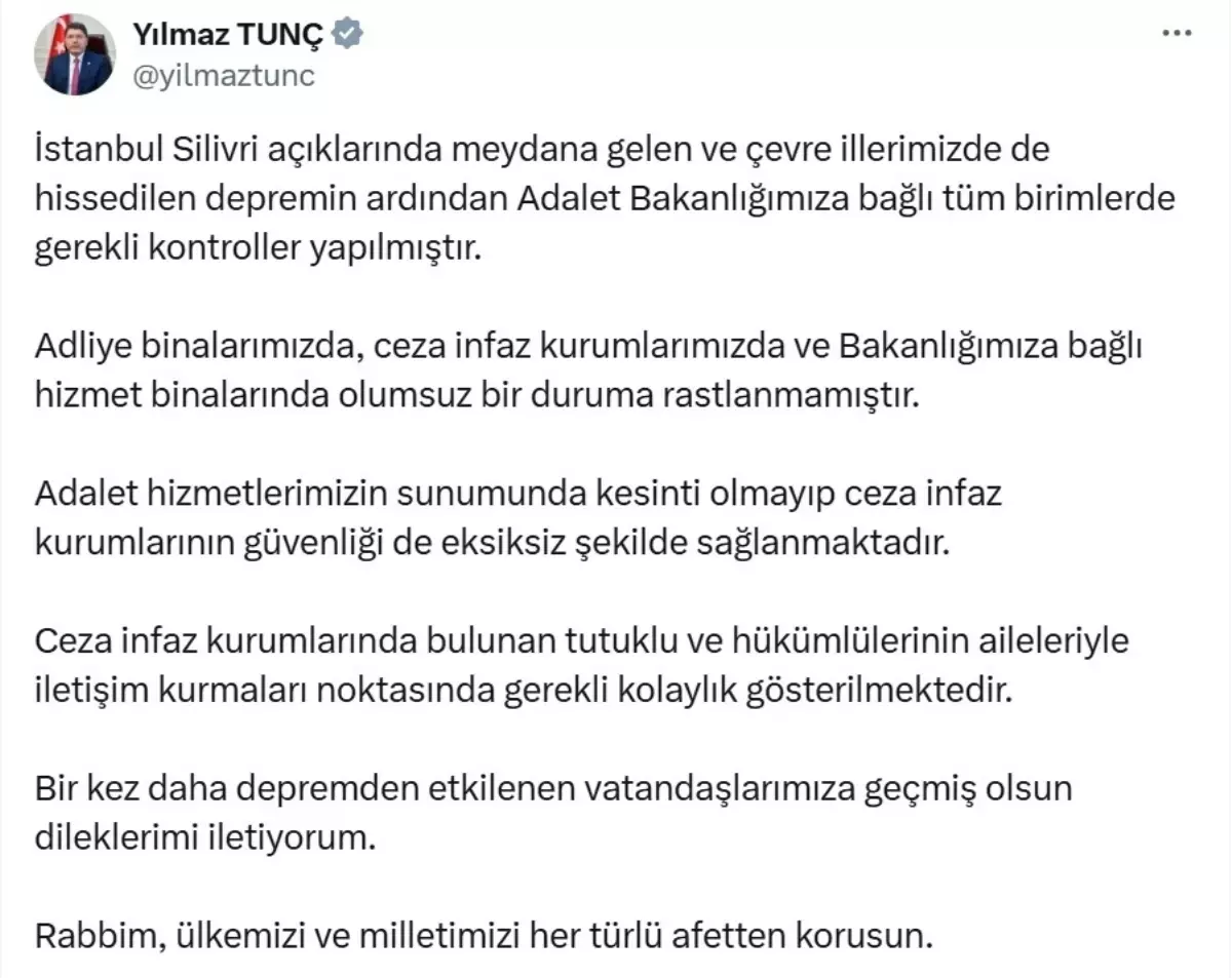 Adalet Bakanlığı İstanbul’daki Deprem Sonrası Durumu Açıkladı