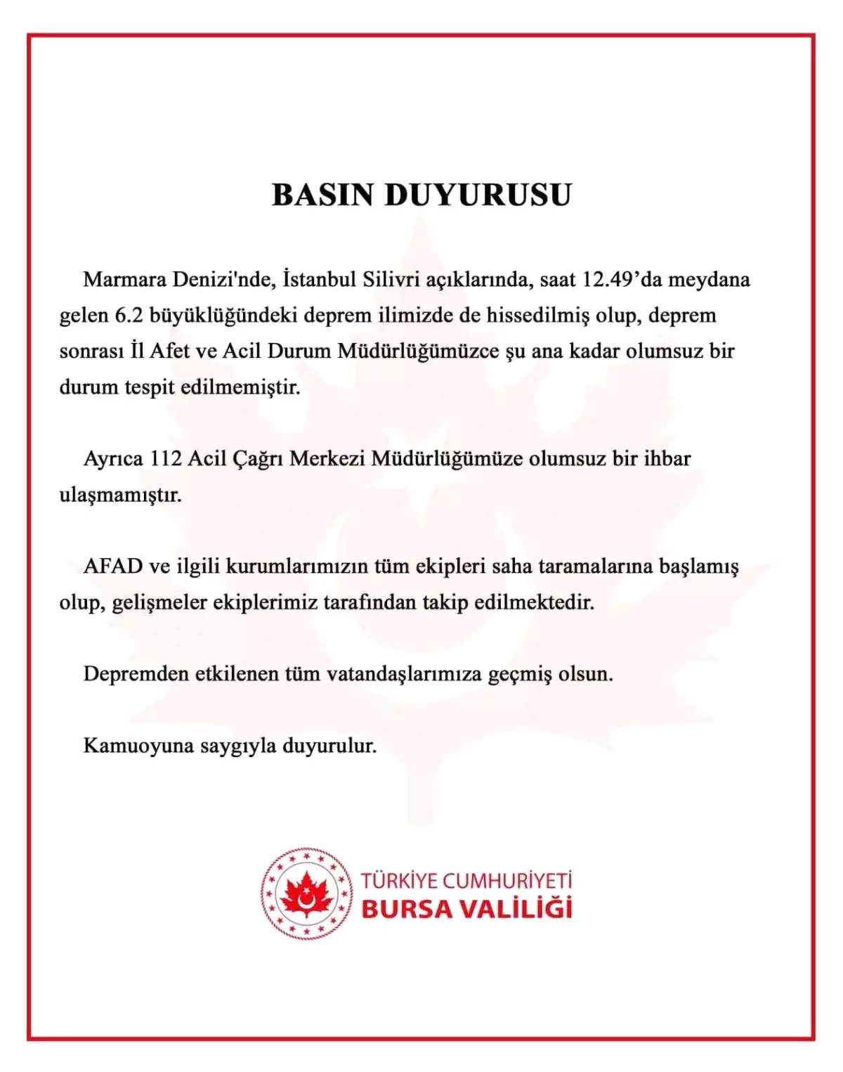 Marmara Denizi'nde Meydana Gelen Deprem Bursa'da Hissedildi