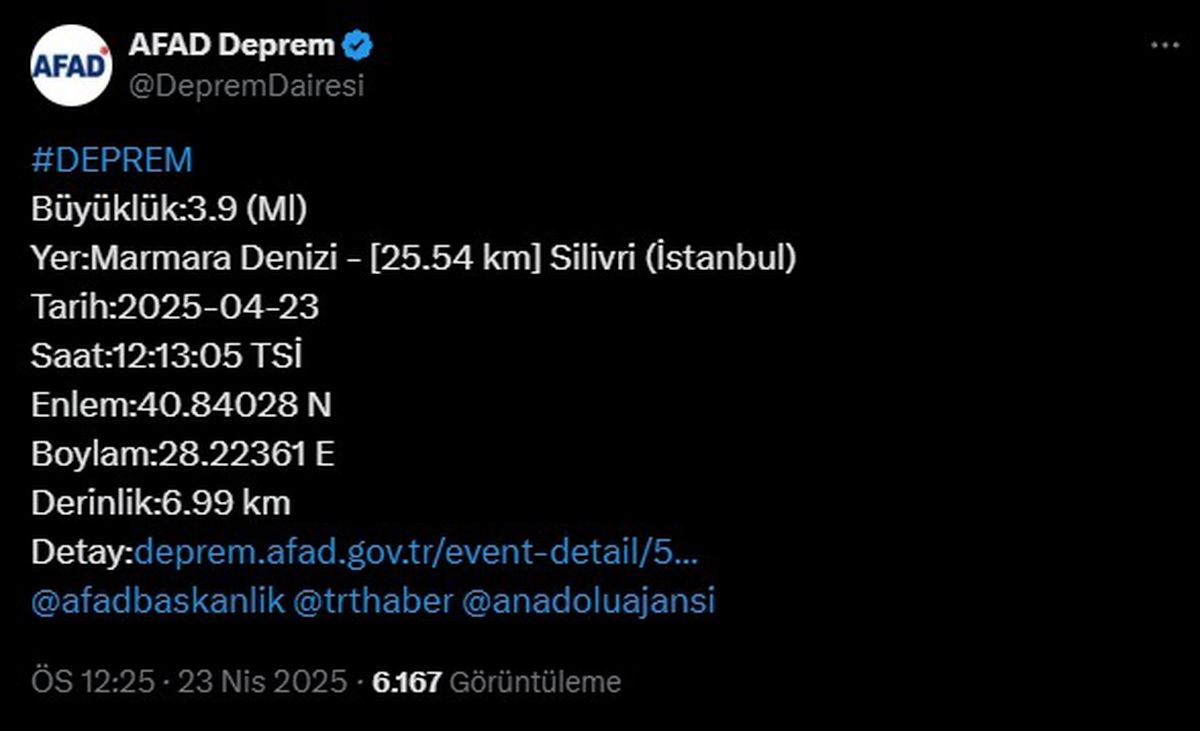 Marmara Denizi Silivri Açıklarında 3.9 Büyüklüğünde Deprem