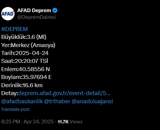 Amasya deprem mi oldu? Son depremler! Az önce nerede deprem oldu? 24 Nisan 2025 Perşembe AFAD ve Kandilli deprem listesi!