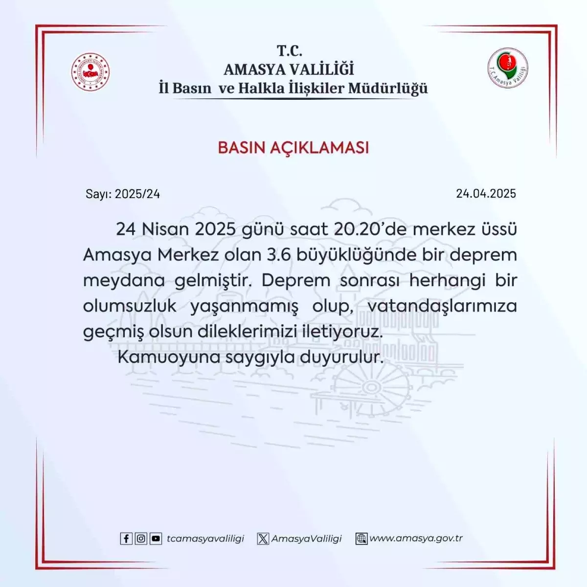 Amasya'da 3.6 Büyüklüğünde Deprem Olmuştu