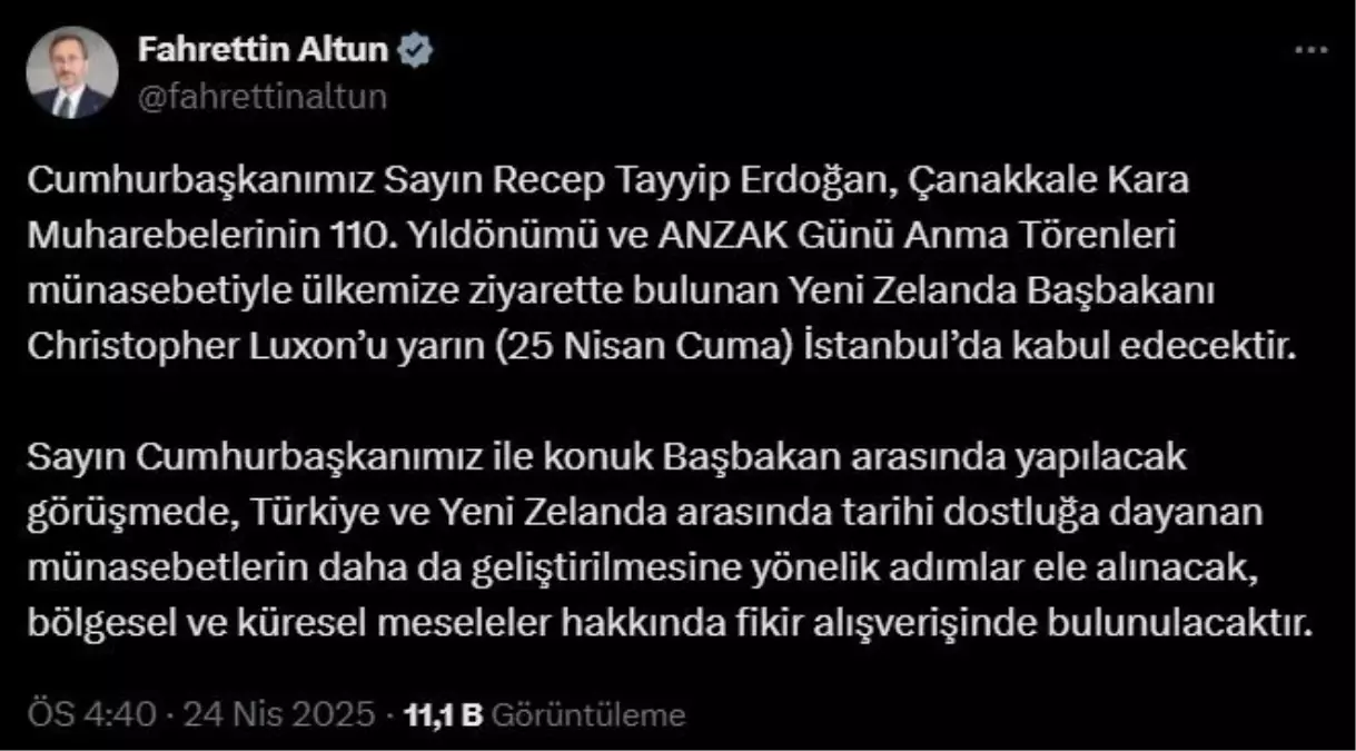 Cumhurbaşkanı Erdoğan, Yeni Zelanda Başbakanı Luxon'u Kabul Edecek