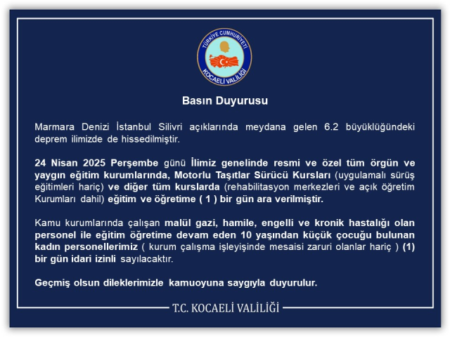 Kocaeli okullar tatil mi 25 Nisan Cuma?